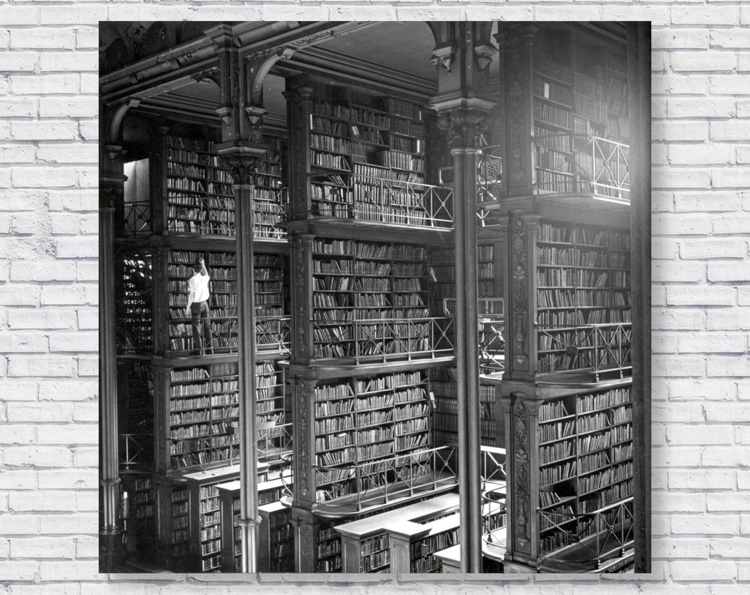 Old Library Architecture Photo Poster Print, Black and White Old