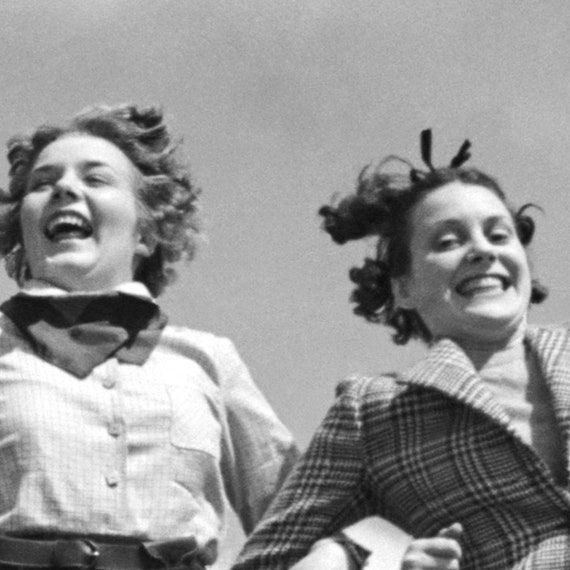 Happy Day Vintage Poster Print, Five Girls Jumping Black and White