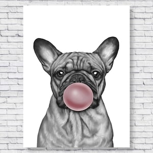 May include: A black and white illustration of a French bulldog blowing a pink bubble. The dog's tongue is sticking out and its eyes are closed.
