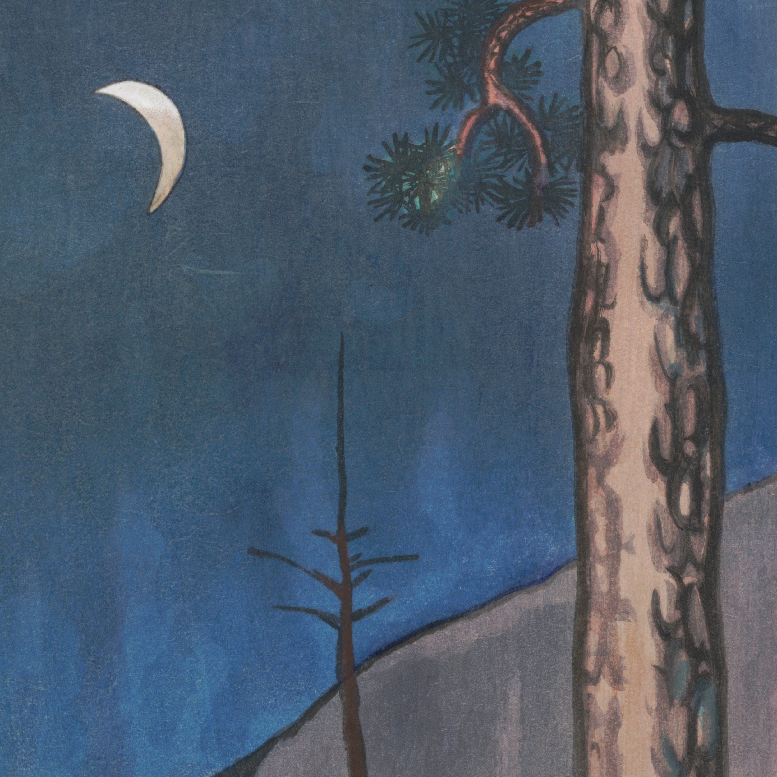 ヴィンテージ　版画　絵画　大きい絵　木立の絵　林の絵 ヴィンテージ 1930 ヨセミテの夕月ポスター、小幡千浦版画、日本