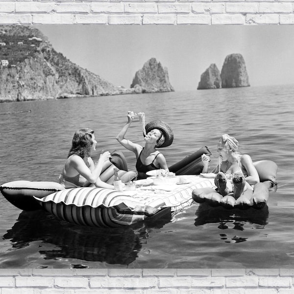 Eating Spaghetti on the Water Vintage Poster Print, Capri Italy 1939 Girls Italian Pasta Air Floats Ocean Women Wall Art Home House Decor