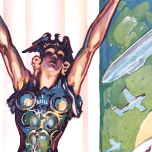 May include: A watercolor painting of a woman with her arms raised, wearing a blue and green costume with a bird on her head. The background is a light pink and green with airplanes flying in the sky.