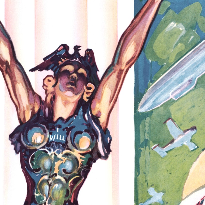 May include: A watercolor painting of a woman with her arms raised, wearing a blue and green costume with a bird on her head. The background is a light pink and green with airplanes flying in the sky.