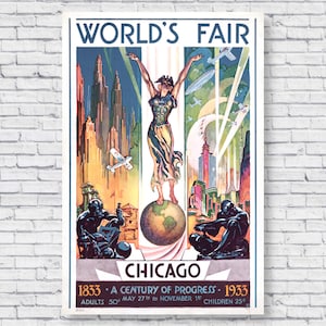 Impresión de póster de viaje de la Feria Mundial de Chicago de 1933, arte de pared antiguo retro clásico Art Decó, decoración del hogar