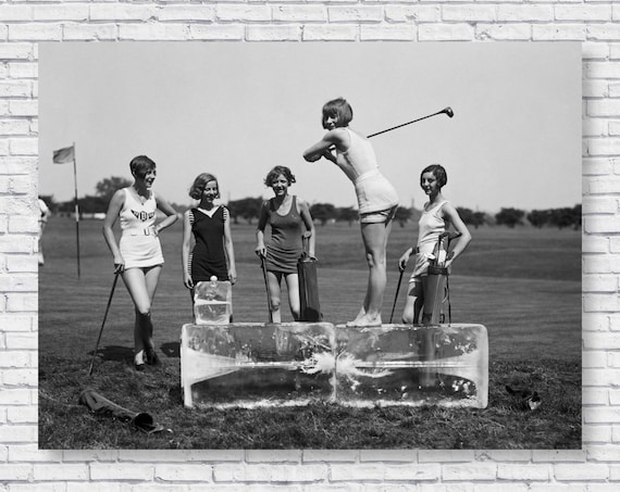 Girls Golfing on Ice Poster Print, Vintage Flapper 1926 Hitting