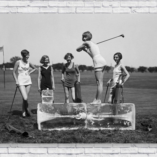 Girls Golfing on Ice Poster Print, Vintage Flapper 1926 Hitting Golf Ball off Ice Block, Black and White Photograph Wall Art Home Decor