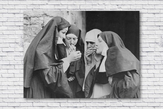 nuns smoking cigarettes print Smoking Nuns Poster, Vintage Large Photo Print, Female Women Funny Humor  Odd Cigarette Bar Wall Art Man Cave strange weird odd old picture