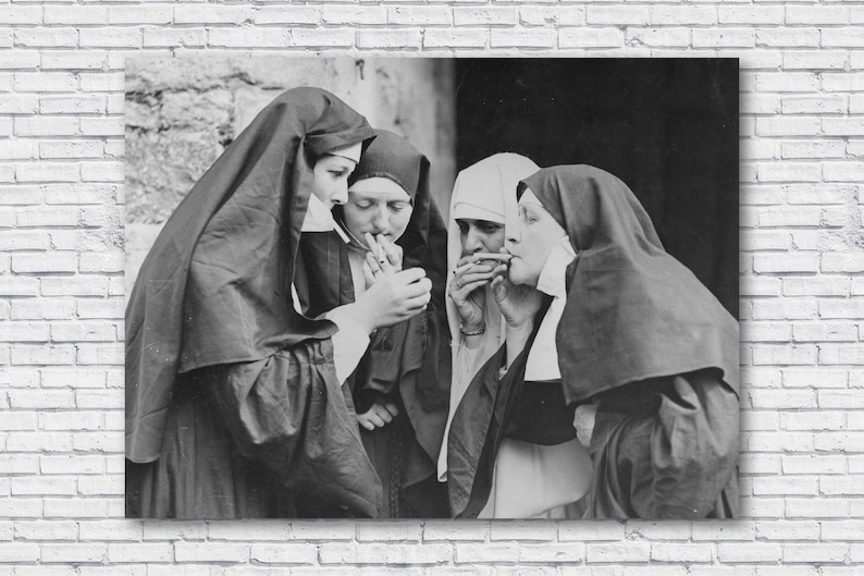 Smoking Nuns Poster, Vintage Large Photo Print, Female Women Funny Humor Odd Cigarette Bar Wall Art Man Cave strange weird odd old picture 