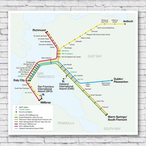 BART Karte, San Fransisco U-Bahn Karte, Bay Bay Region Urban Karte, U-Bahn Karte, ÖPNV Karte von San Francisco, Zug Karte, Eisenbahn Karte, Kalifornien, Poster