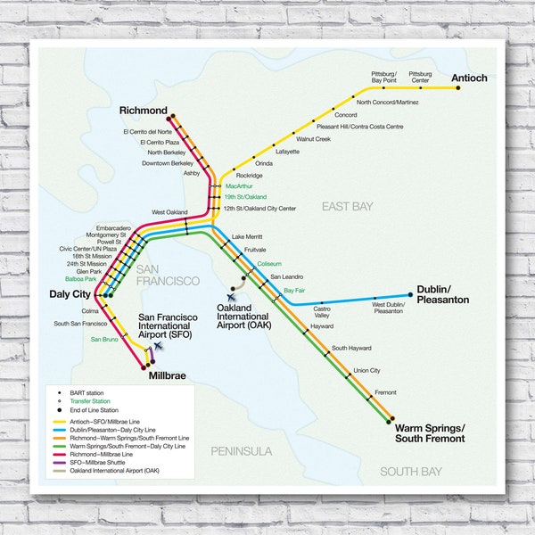 BART Map, San Fransisco Subway Map, Bay Area Rapid Transit Map, Public Transit Map of San Francisco, Train Map, Rail Map, California, Poster