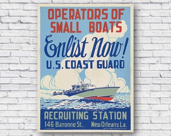 LARGE Vintage Coast Guard WWII Recruiting Poster, World War 2, US Military, Propaganda, Wall Decor Print, Rolled, Canvas, Vinyl Wall Decal,