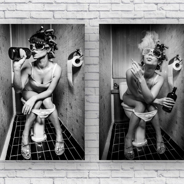 Ensemble d'impression d'affiche de fumée de boisson de salle de bains, art de salle de bains drôle Stoner Decor style vintage toilette noir et blanc humour ensemble de 2 deux diptyques bière