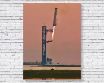 Starship Booster Catch Photo Poster Print, Flight 5 Rocket Launch Space Travel Outerspace Spaceship Educational Wall Art Home House Decor