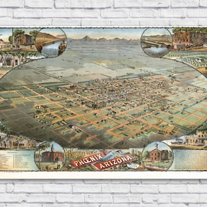 Phoenix Arizona Birds Eye View Map 1885 Maricopa County, Old Vintage Poster Maps
