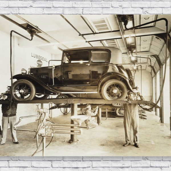 1930s Car Mechanic Garage Photo Poster Print, Vintage Retro Black and White Vehicle Auto Repairman Shop Wall Art Home House Decor Gift Idea