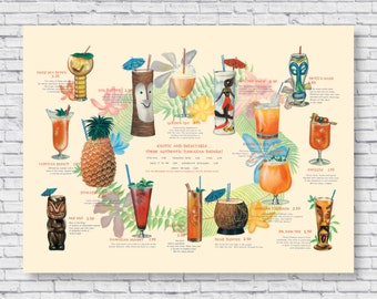 Póster vintage con menú de bebidas de bar Tiki, decoración de bar Tiki, letrero de bar Tiki, kit de decoración para fiestas en bares de playa al aire libre, decoración de isla con bebidas de ron