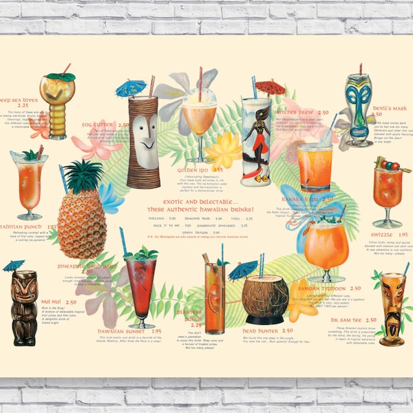 Vintage Tiki Bar Drink Menu Poster Print, tiki bar decor, tiki bar sign, outdoor beach bar party decorating kit, rum drink island decor