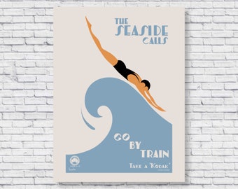 Poster vintage "Seaside Calls", Australia anni '30, viaggi, The Seaside Calls, Go By Train, viaggi retrò, nuoto nell'oceano, decorazione murale per la casa.