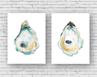 Concha de ostra Acuarela Pintura Imprimir Par, Conjunto de 2 Díptico Póster Casa de Playa Decoración Casa Náutica Costera Ocean Lake Concha de Mar Arte de ostras