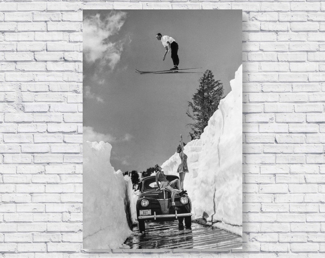 Vintage Ski Jump Over Car and Girls Photo Poster, Road Gap Skier