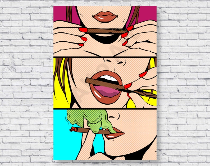 Roll Lick Smoke Blunt Poster, Comic Pop Art Style, Marijuana Weed Smoking Stoner, Vintage Retro Wall Art Decor Print, Rolled Canvas Decal image 2