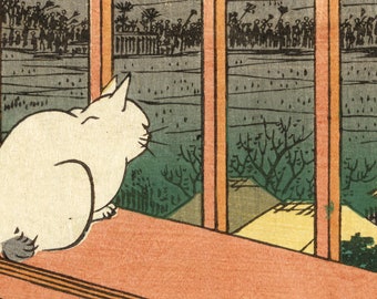 窓辺の猫、1857年日本のポスター版画、広重、浮世絵、浅草の田んぼと酉