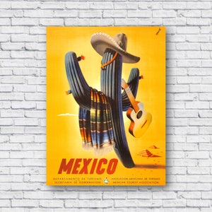 Cartaz de viagem vintage do México 1945, cacto vestindo um sombrero, serape, guitarra. Arte de parede de viagem retrô, decoração de casa, impressão em tela dos anos 1940, decoração de parede