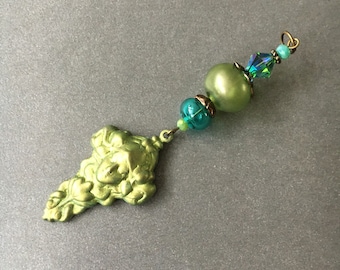 Art Nouveau Absinthe Handmade Flamework Glass Bead and Brass Pendant