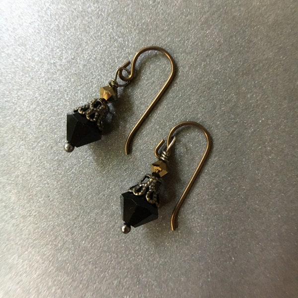 Black and Bronze Austrian Crystal Earrings with Filigree Brass Cap on Niobium or Sterling Silver Hooks