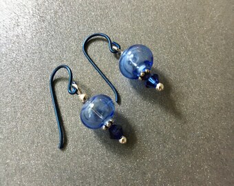 Blue Bubble Artisan Flamework Lampwork Hollow Glass Bead Earrings on Niobium or Sterling Silver