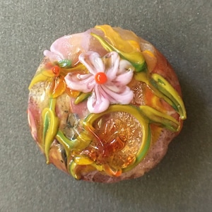 Artisan Flamework Lampwork Hollow Glass Floral Focal Bead in Coral, Orange, Pink and Ivory