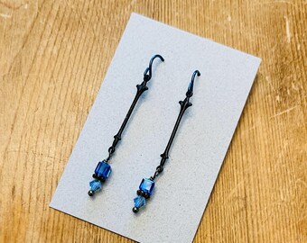 Gothic Black and Blue Vintage Crystal Dangle Earrings on Niobium
