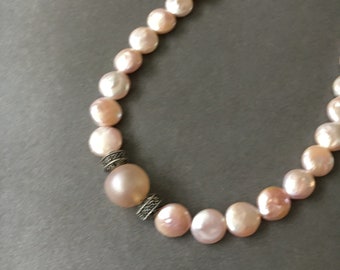 Pink Freshwater Pearl Necklace with Frosted Artisan Glass and Vintage Marcasite Sterling Silver