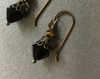 Black Crystal Earrings: Filigree Brass, Niobium or Sterling Silver