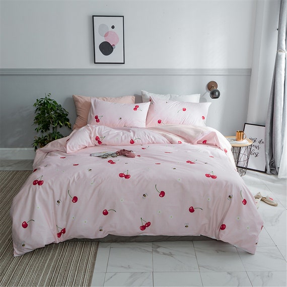 100 Cotton Cherry Duvet Cover Reversible Quilt Cover Pink Etsy