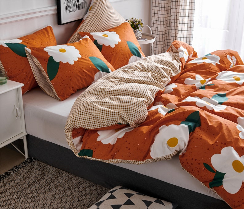 Bright Orange Duvet Cover Set With White Flowers 100 Cotton Etsy
