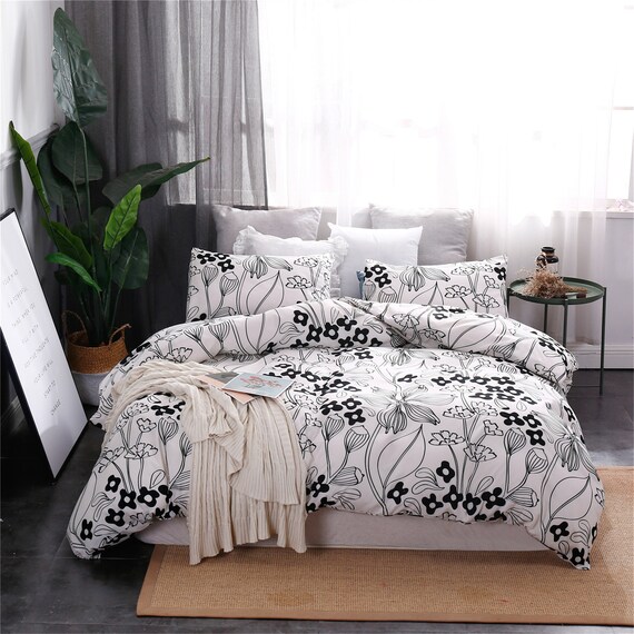White Duvet Set Black Flowers High Grade Comforter Cover Black Etsy