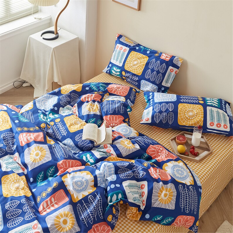 Latest Design Blueyellow Duvet Cover Set 100 Cotton Flowers Etsy