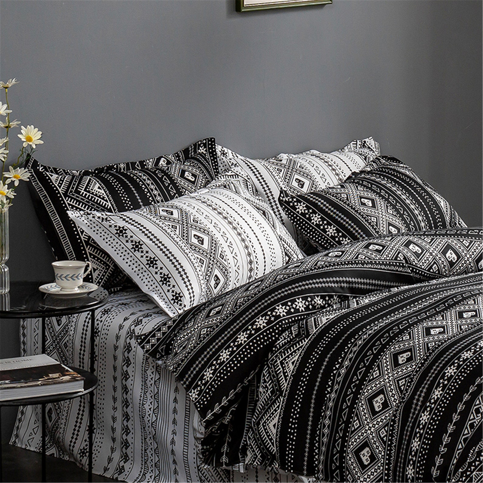 2021 Black Boho Geometrical Duvet Cover Set Black and White Etsy