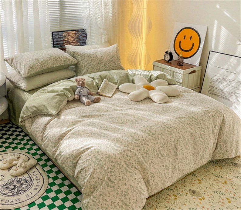 Light Sage Green Duvet Cover Grassy Floral Duvet Covers 100 Etsy