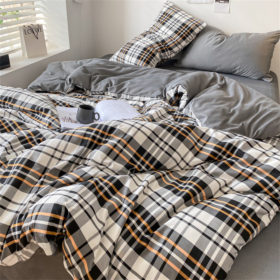 Black Gray Lattice Bedding Sets Cotton Gingham Duvet Etsy