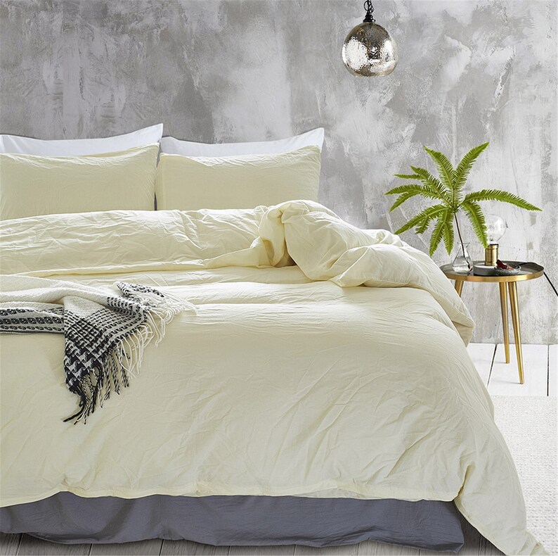 Cream Yellow Washed Cotton Duvet Cover Set Solid Color Light Etsy
