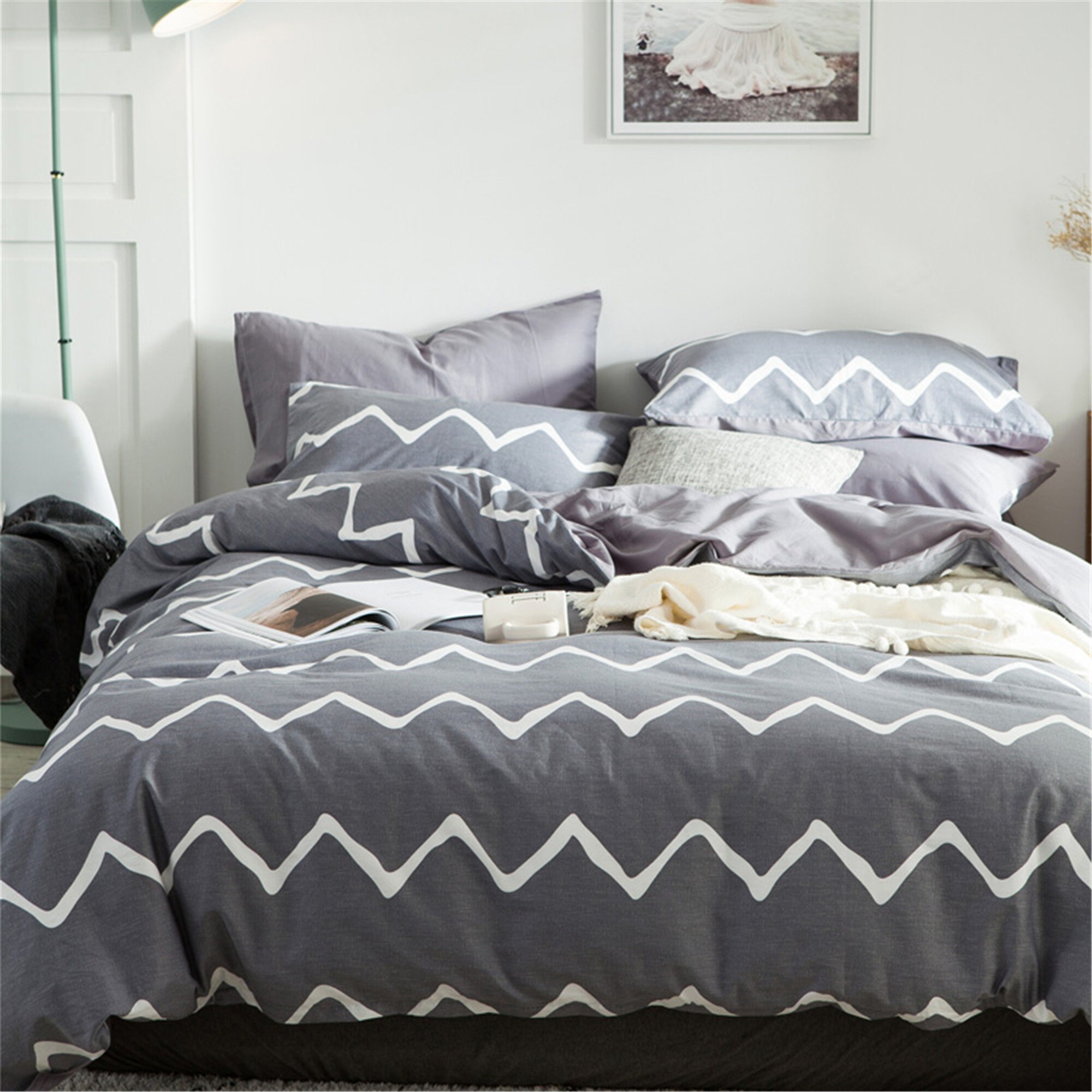 Gray Cotton Duvet Cover Set Chevron Comfortable 100 Cotton Etsy