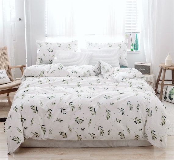 100 Cotton Green Leaves Duvet Cover White Reversible Quilt Etsy