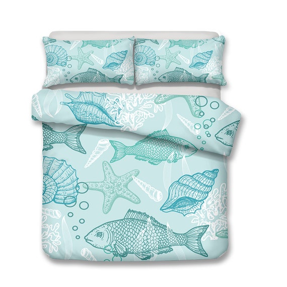 Light Green Seaworld Shell Fish Duvet Cover Starfish Marine Etsy