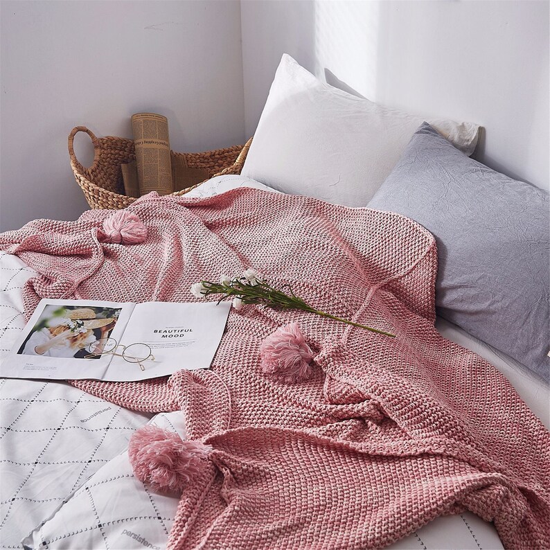 Cotton Knitted Blanket Pink Pompom Knitted Wool Sofa Blanket Etsy