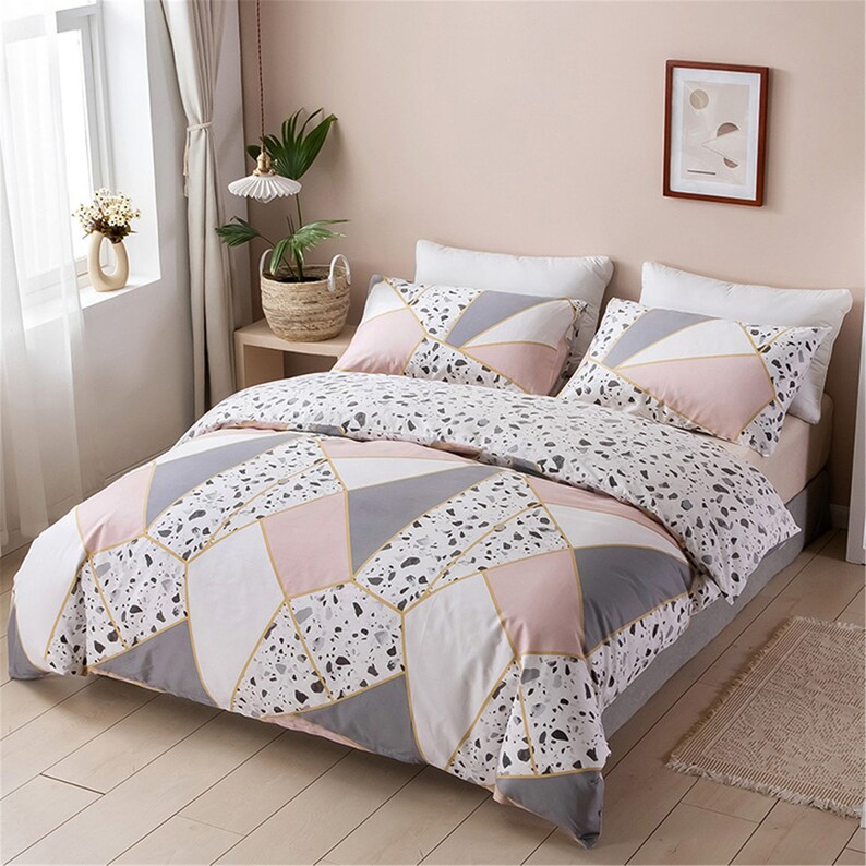 New Arrival Pink Geometric Marble Duvet Cover Set 100 Cotton Etsy