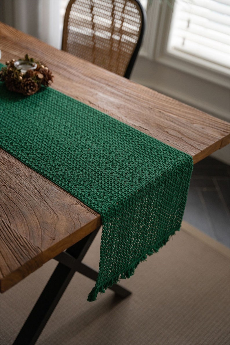 Dark Green Table Runner With Tassels Cotton Table Runners Etsy
