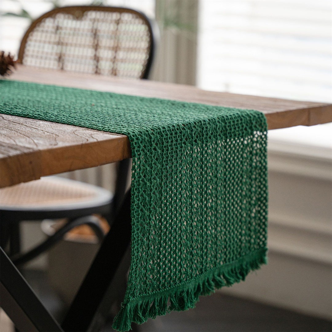 Dark Green Table Runner With Tassels Cotton Table Runners Etsy