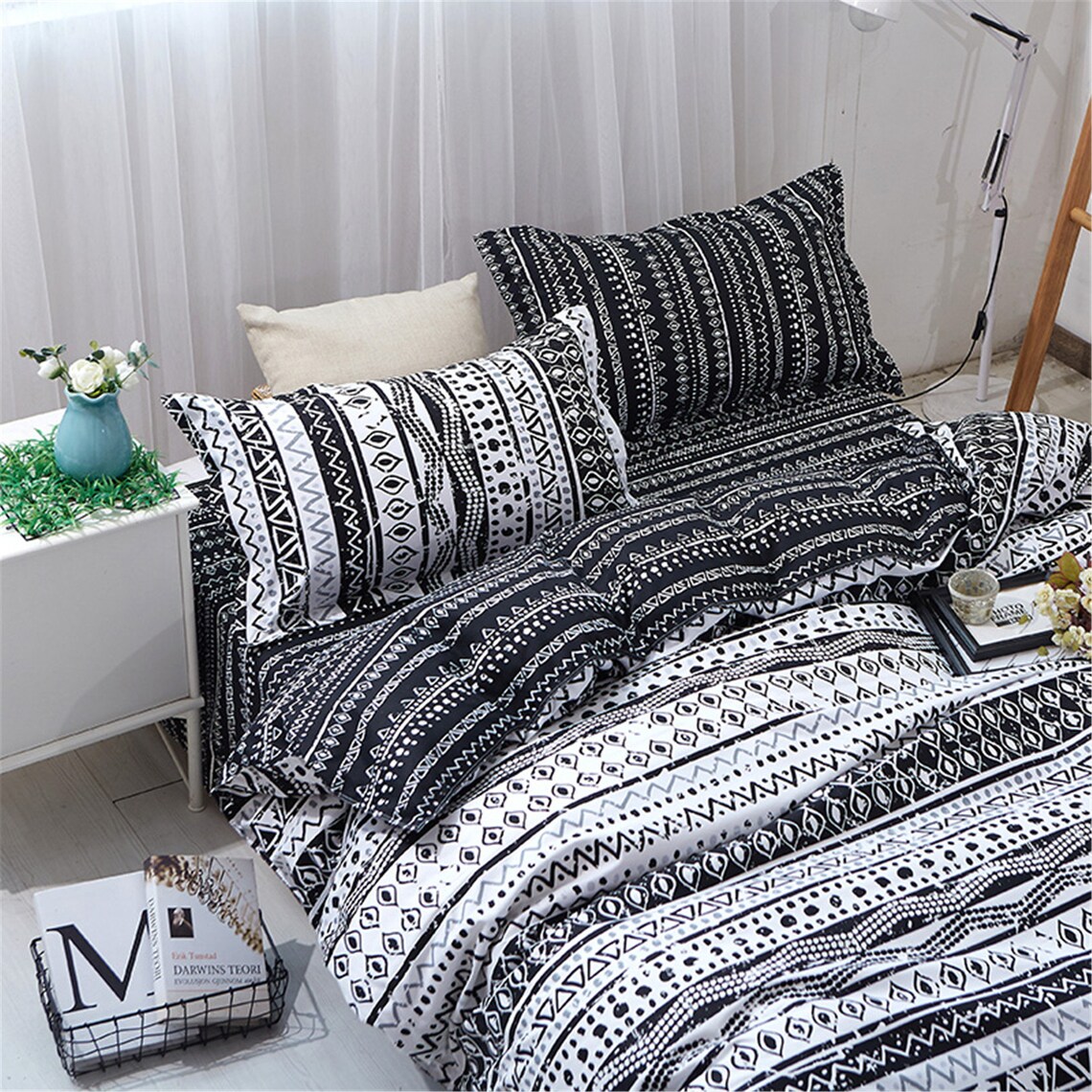 Bohemian Stripes Duvet Cover Set Black and White Quilt Etsy